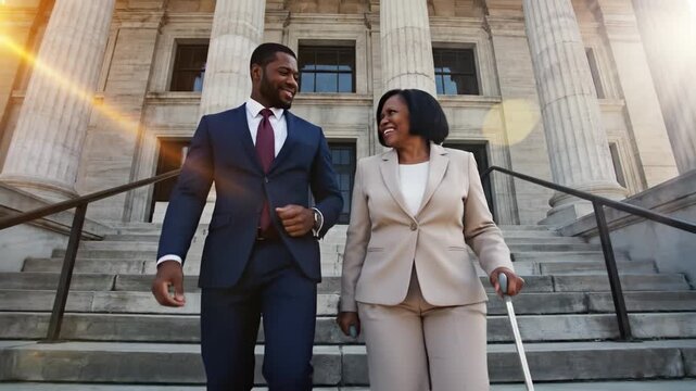 Two Black professionals walk down courthouse stairs. The woman uses crutches while they talk happily. Concept of inclusion and legal success. Ideal for law firm marketing.