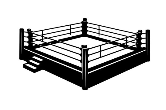 Boxing ring vector silhouette, black and white with ropes, posts, and stairs. Perfect for pro boxing, MMA, wrestling, combat sports, fight night promos, gym designs, championship graphics. Symbolizes