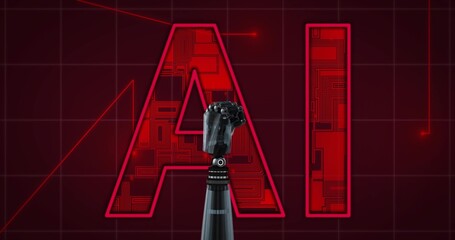 Displaying robotic prosthetic fist on wrist adapter in studio, with letter A and letter I circuitry