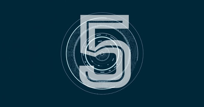 Displaying translucent numeral 5 over circular tech emblem on deep teal field with concentric rings