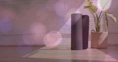 Fototapeta premium Standing dark rolled yoga mat beside basket planter holding leafy plant on wood floor, copy space