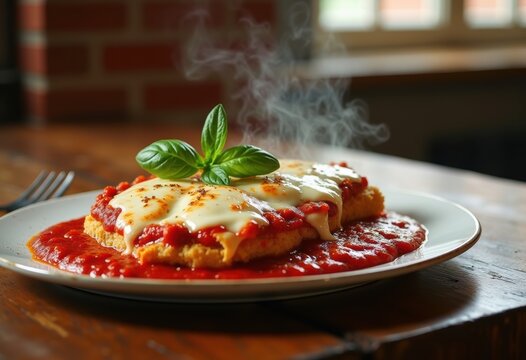 Cheesy Chicken Parmesan Glazed with Marinara Beneath Rustic Bistro Charm