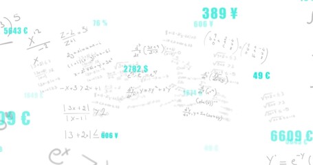 Obraz premium Displaying centered cluster of handwritten math equations with cyan currency labels on white sheet