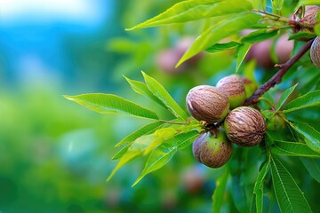 Nuts Growing in a Garden With Leaves and Flowers on a Sunny Day