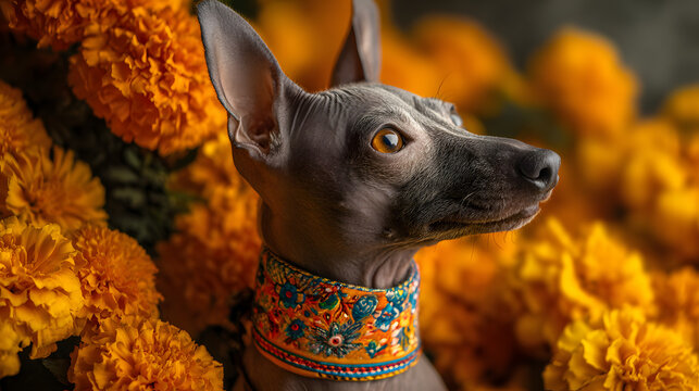 Dog with colorful collar near yellow flowers