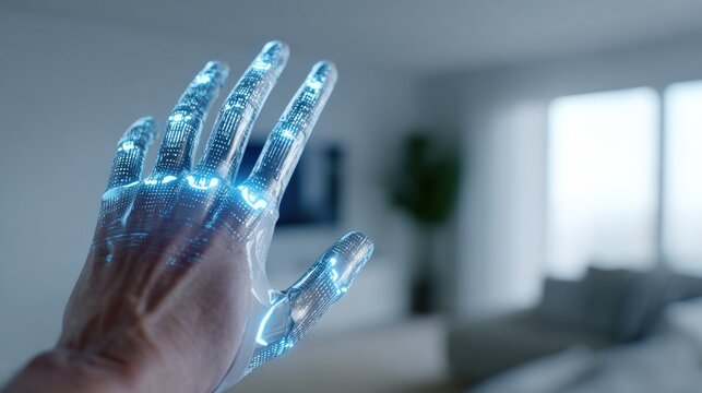 Futuristic cybernetic hand with glowing interface in modern living room