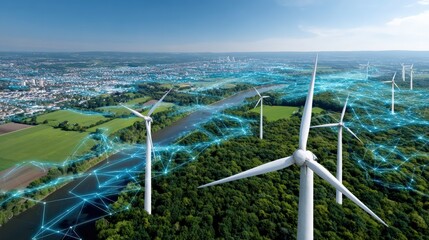 Futuristic wind farm with digital overlay on lush landscape