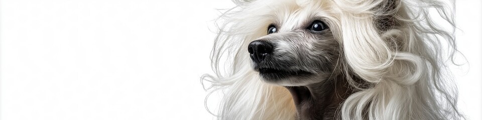 Naklejka premium Portrait of a chinese crested dog with long fluffy white hair