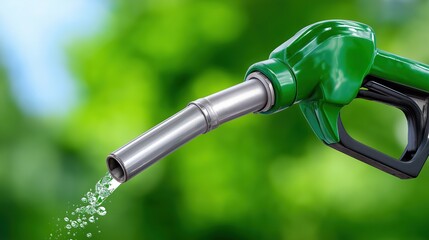 Close-up of green fuel nozzle with droplets against blurred natural background