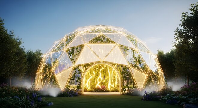 Biophilic Glass Dome with Golden Light and Green Pattern Symbolizing Tech Harmony