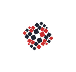 Abstract geometric composition with red and dark blue squares on black