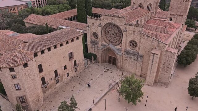 Aerial drone flying over monastery of sant cugat in spain