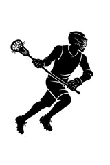 Obraz premium Dynamic Lacrosse Player Silhouette in Full Sprint, Carrying Crosse and Wearing Helmet, Depicting Intense Game Action and Athletic Prowess in a Striking Vector Graphic, Perfect for Sports, Fitness, and