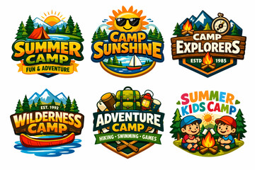 Naklejka premium Summer Camp Adventure Badge Set with Outdoor Nature and Kids Camp Emblems