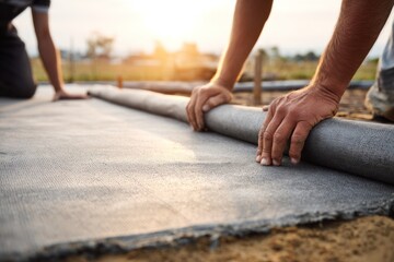 Middle-aged men with fair skin roll out a grey waterproof membrane on a construction site during sunset. They work carefully to prep the foundation.
