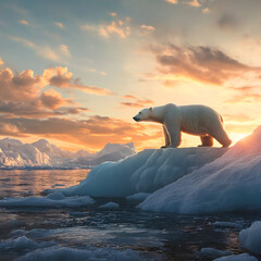 Naklejka premium A breathtaking scene of a powerful polar bear perched atop a colossal iceberg in the frigid wilderness of Antarctica.