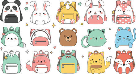 Cute kawaii animal backpack collection flat vector illustration set featuring panda bunny bear cat fox and other adorable school bag characters isolated design. © Sagor