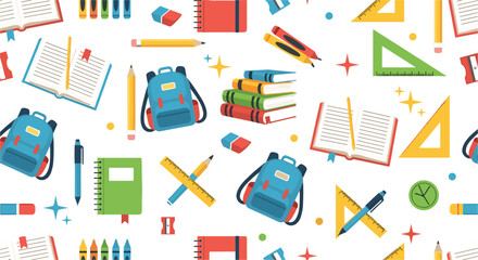 Back to school seamless pattern flat vector illustration with backpack books pencils rulers notebooks and colorful education supplies elements repeated background design. © Sagor