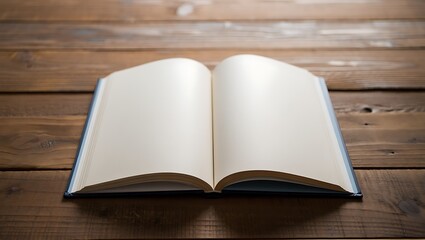 Fototapeta premium Open Blank Book with Empty Pages on Rustic Wooden Table, Ready for Text or Storytelling, Symbolizing Knowledge and Education