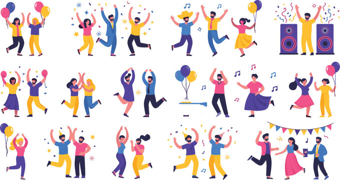 Party celebration dancing people flat vector illustration set with happy friends balloons music confetti festival dance poses and joyful event scenes isolated design.