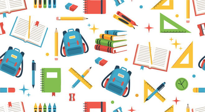 Back to school seamless pattern flat vector illustration with backpack books pencils rulers notebooks and colorful education supplies elements repeated background design.