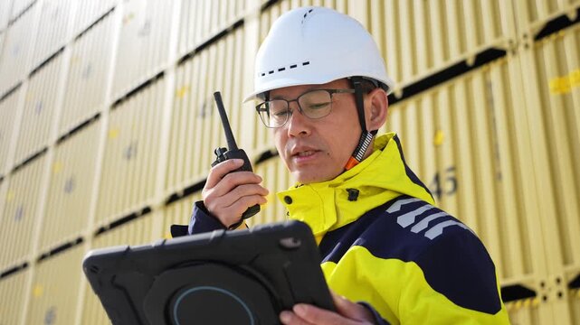 Port worker holding walkie-talkie and operating tablet computer in container yard