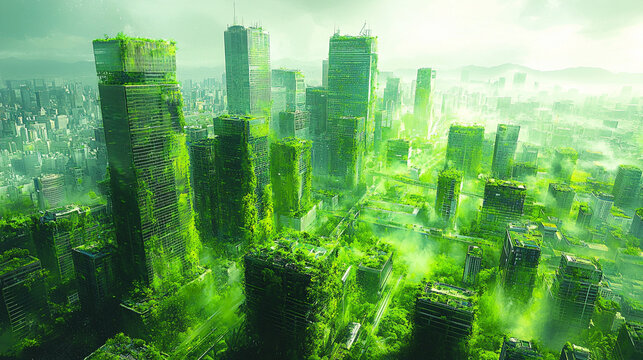 Overgrown city skyline with fog, post-apocalyptic urban decay