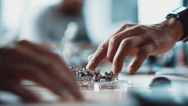 Close-up of hands assembling intricate device