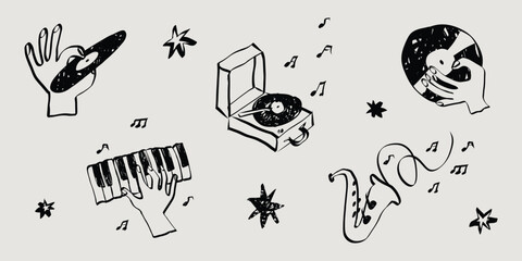 Hand drawn whimsical music and party sketch collection. Vintage doodles in simple crayon style. Grunge musical instruments and symbols. Chalk vector illustration © Olga Rai