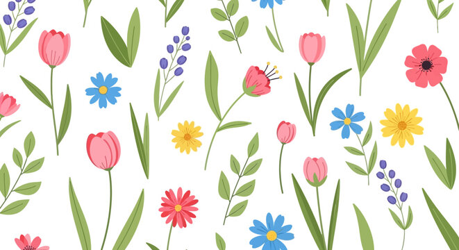 A vibrant, seamless pattern showcases a beautiful array of colorful spring flowers and fresh green leaves, perfect for cheerful backgrounds and decorative designs.