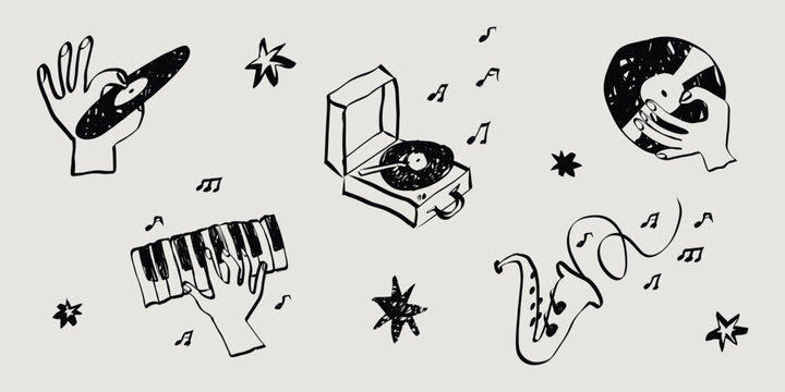 Hand drawn whimsical music and party sketch collection. Vintage doodles in simple crayon style. Grunge musical instruments and symbols. Chalk vector illustration