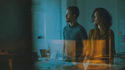 Contemplative business team looking ahead