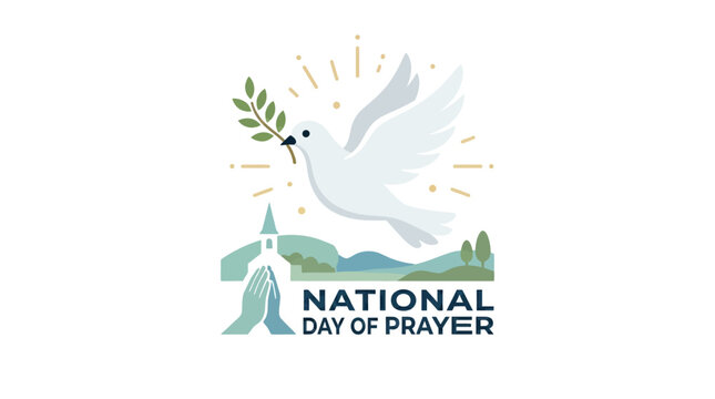 National Day of Prayer Celebration with Dove, Olive Branch, and Church Illustration Symbolizing Peace and Faith