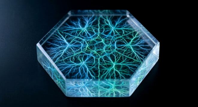 Bioluminescent blue and green mycelium network in a hexagonal acrylic matrix on a dark background with copy space. High-tech organic growth and biotechnology concept