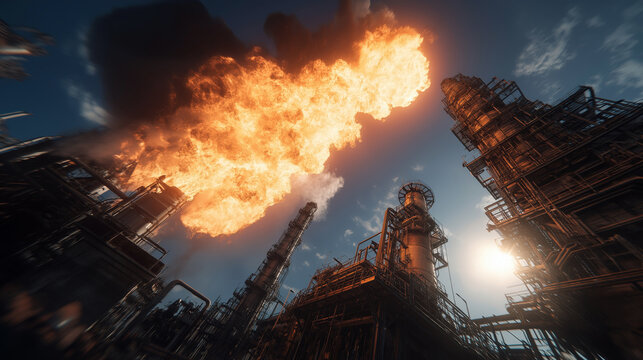 An accident at an oil refinery has caused oil rigs to burn.