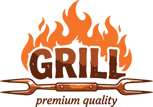 A logo for a grill company featuring a fork and flames with the words GRILL and premium quality