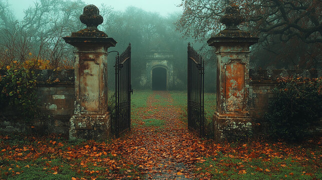 Open gate to foggy garden path, autumn leaves, stone pillars, misty trees