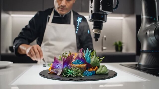 Chef garnishes futuristic dish with robot