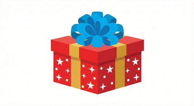 Red gift box with blue bow and stars for festive celebrations
