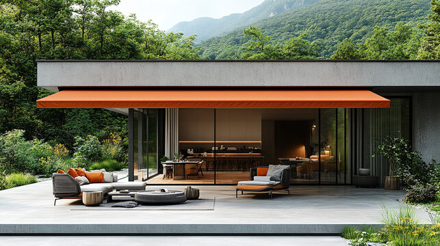 Orange awning shades patio furniture on modern mountain home deck