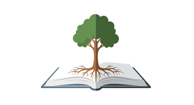 Tree growing from open book roots.