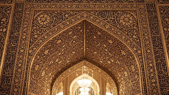 Ornate golden Islamic calligraphy and floral patterns in mosque interior archway