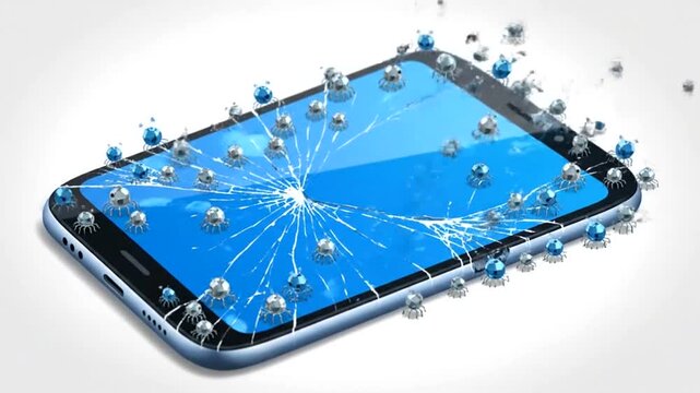 Cracked smartphone screen with shattered glass.