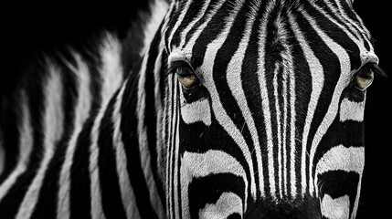 Fototapeta premium Zebra looks directly at the camera with bold black and white stripes, creating a strong visual impact in the composition
