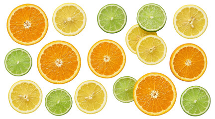 Fototapeta premium Vibrant collection of fresh citrus fruit slices oranges, lemons, limes. Scattered on white, highlighting natural beauty, healthy attributes, and refreshing visual appeal