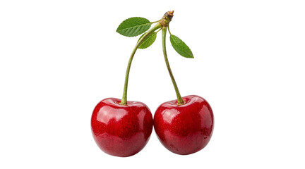 Obraz premium Two vibrant red cherries with green stems and leaves, isolated on white, perfect for healthy eating, natural fruit, and summer produce concepts