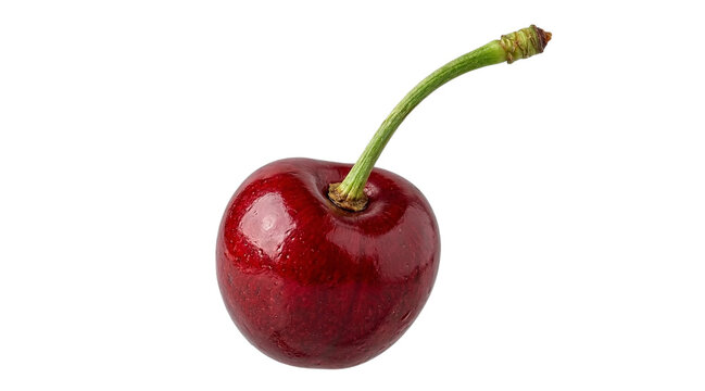Vibrant red cherry with a fresh green stem, a symbol of summer's sweet harvest and healthy eating, captured in exquisite detail on a clean white background
