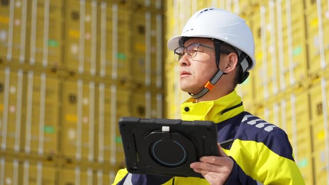 Port worker wearing safety helmet operates tablet computer on site