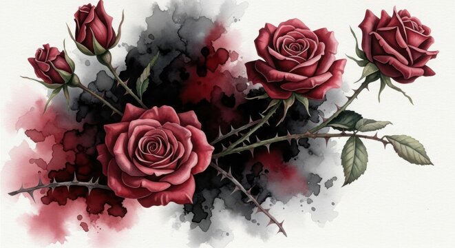 Ethereal watercolor roses intertwined with delicate thorny branches and subtle bleeding effects