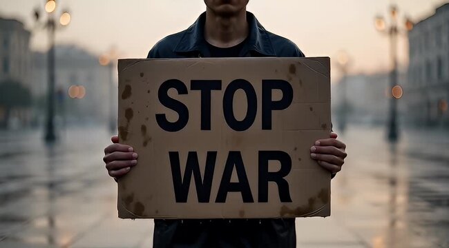 A lone man holding a stop war sign standing in a wet city street during a video recording.